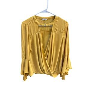 JODIFL Women's Small Yellow Keyhole V-Neck Neckline Drape Long Sleeve Blouse